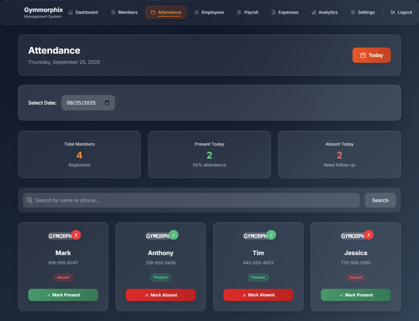 Attendance system interface for gym showing member check-in, QR code, and attendance list